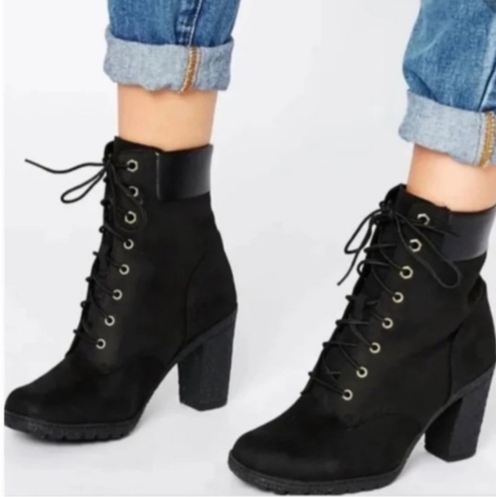 Timberland EarthKeepers Glancy Black Lace-Up Chunky Heel Ankle Booties Size 8